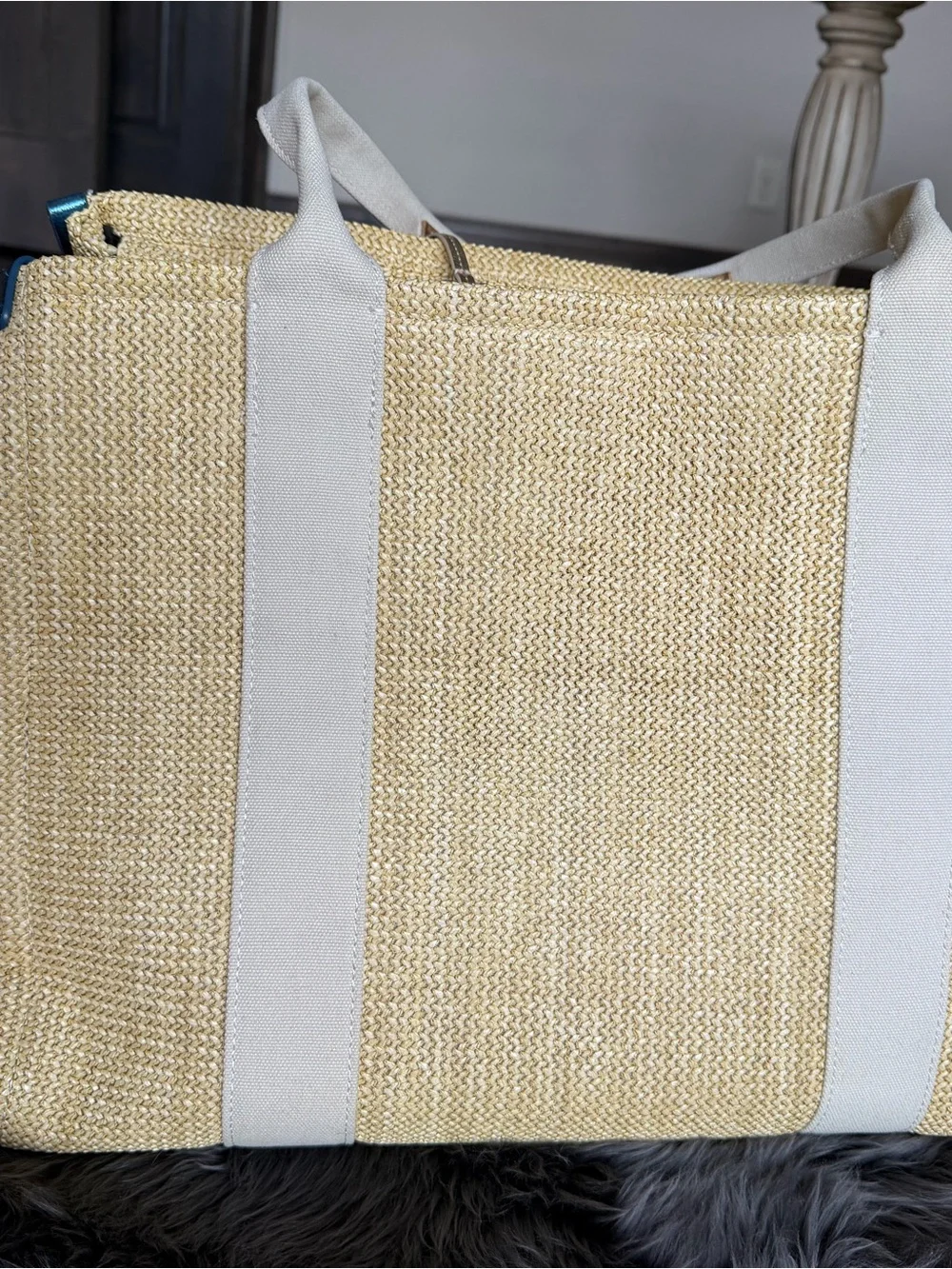 Calling all Beaches! Kurt Geiger Cream Straw Tote with Blue Metallic Logo Patch - Picture 8 of 9